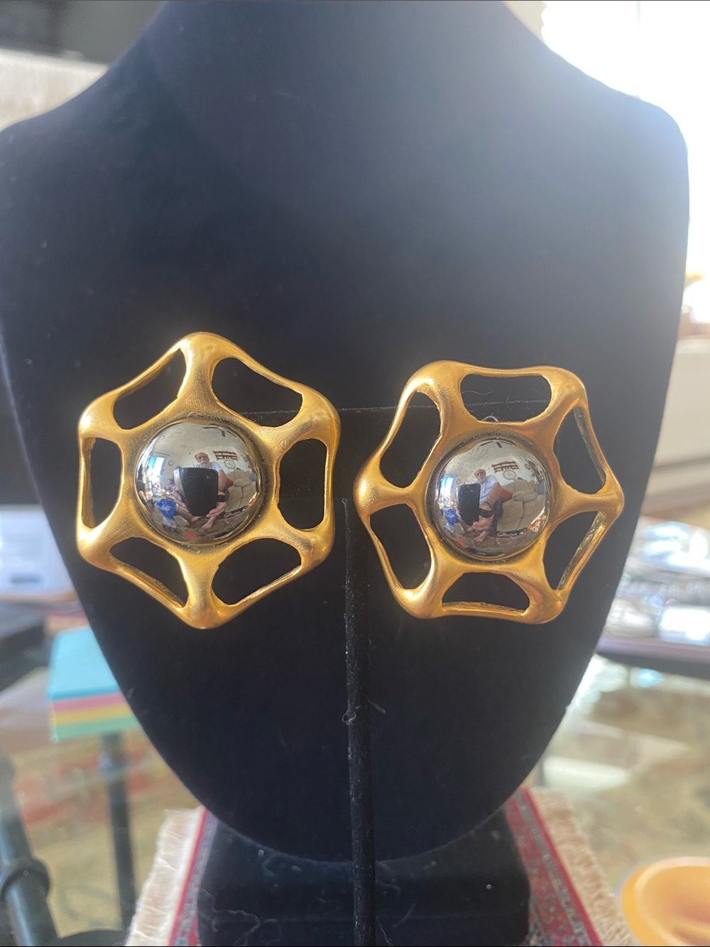 Gold-Tone Openwork Statement Clip Earrings with Silver Center